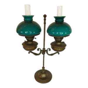 Electrified Bronze and Double Cased Green Glass Lampshade Original Oil Lamp