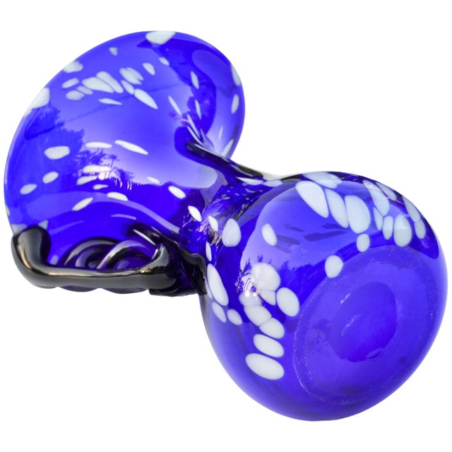 Blue Mid 20th Century Handmade Blue & White Art-Glass Vase With Swirled Handle For Sale - Image 8 of 9