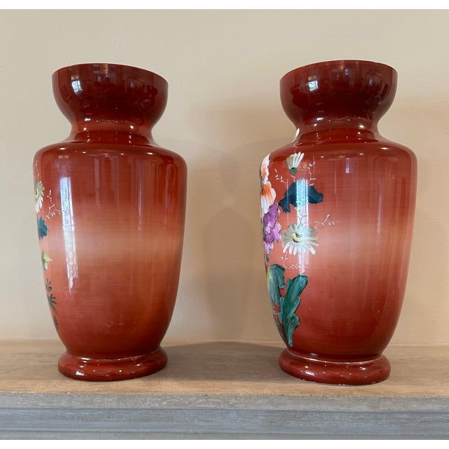 Burnt Orange Pair of Large Bristol Milk Glass Victorian Floral Hand Painted Vases For Sale - Image 8 of 14