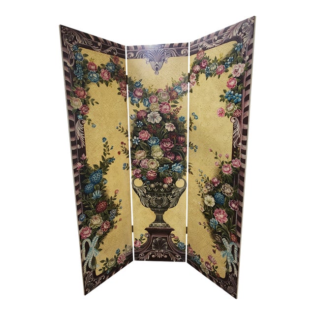 Vintage Hand-Painted Italianate Floral 3-Panel Dressing Screen Room Divider For Sale
