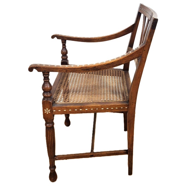 Antique English Anglo - Indian Carved & Inlaid Caned Seat Desk Armchair For Sale In New York - Image 6 of 18