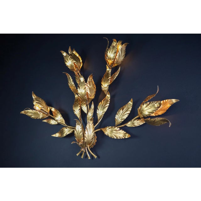 Metal Vintage German Gilded Metal Floral Leaf Monumental Wall Sconce by Hans Kögl, 1970s For Sale - Image 7 of 11