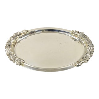 Vintage e.p. Steel Oval Silver Plated Floral Wreath Handle Serving Platter Tray For Sale