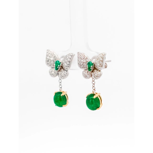 Metal 2.5 Carat Cabochon Cut Emerald and Diamond Butterfly Drop Earrings in 18K White For Sale - Image 7 of 8
