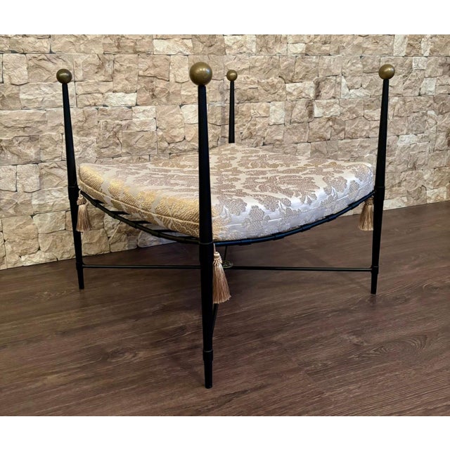 New Black Wrought Iron Curule Bench with Damask Gold & White Fabric For Sale - Image 16 of 18