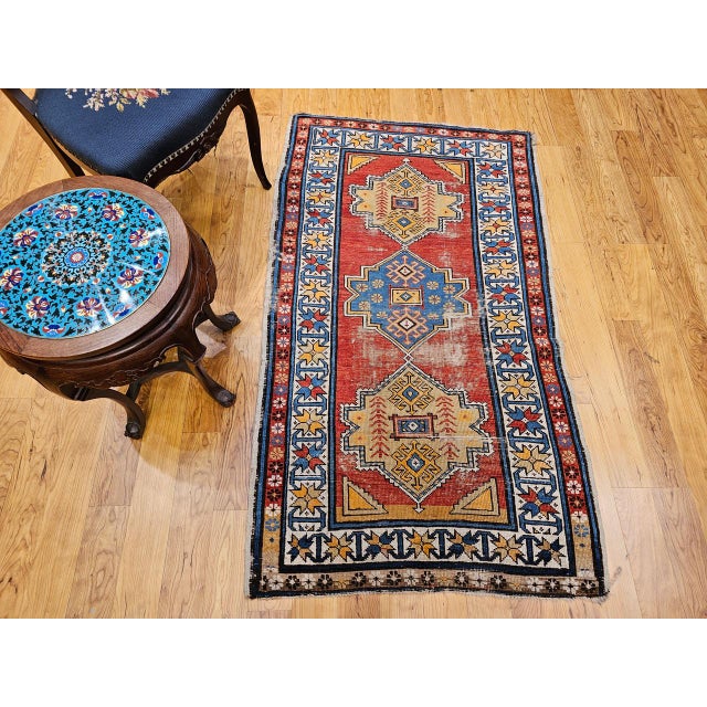 19th Century Vintage Handwoven Caucasian Kazak Rug, Geometric Pattern, Red & Ivory, 4' x 7' For Sale - Image 5 of 18