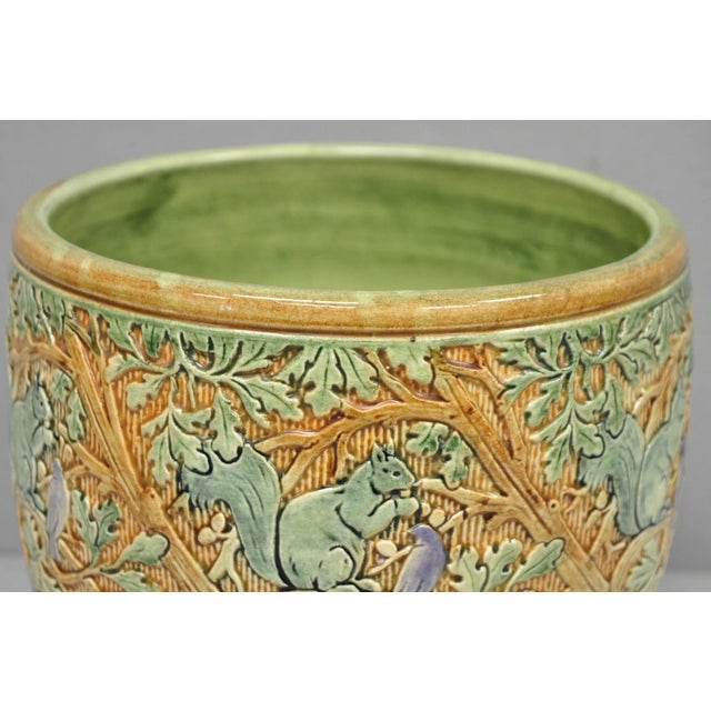 Early 20th Century Early 20th Century Weller Clinton Art Pottery Green Glazed Squirrel & Acorn Planter Jardinière For Sale - Image 5 of 14