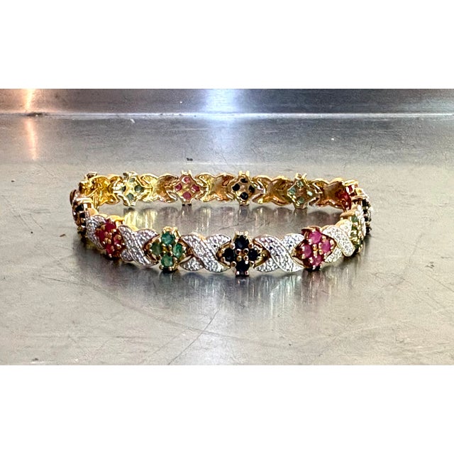 1950s Gold-Tone Sterling Silver Tennis Bracelet W/ Diamonds, Rubies & Emera For Sale - Image 5 of 6