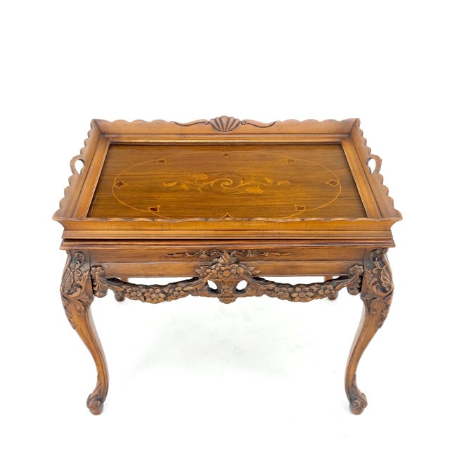 Brown Removable Tray Top Pierce Carved Inlayed Walnut Side End Table Stand For Sale - Image 8 of 12