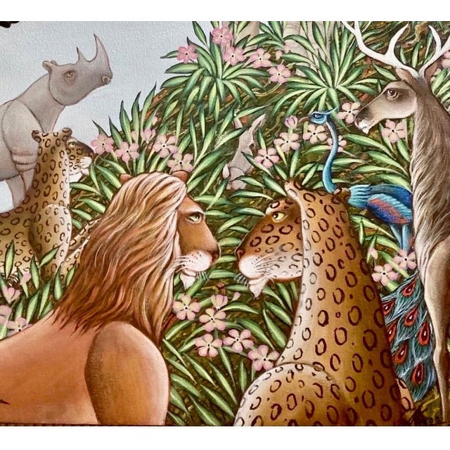 Original Painting Elephant, lion, leopard zebras and rhinoceros flowers in a lush tropical jungle setting. Titled...