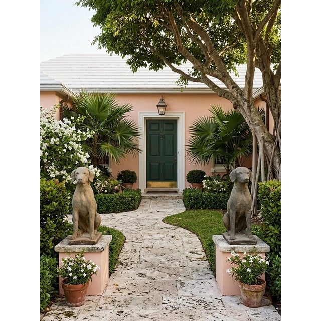 Pair of Vintage Weathered Cast Stone Seated Pointer Garden Statues For Sale - Image 10 of 12