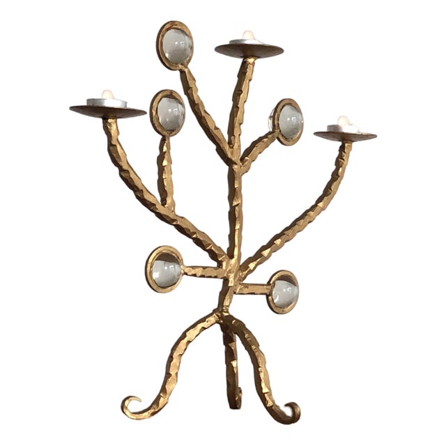 Brutalist Shabby-Chic Candelabra in Golden Wrough Iron, France, 2001 For Sale