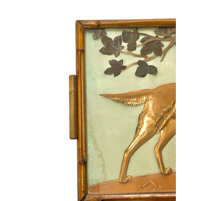 Cabin Vintage Two Handle Tray Folk Art Hammered Copper Hunting Dog in Bamboo and Glass Frame For Sale - Image 3 of 14