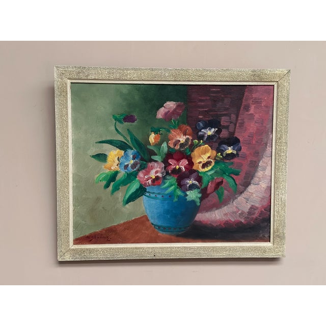 G. Stränz, Pansies in Blue Vase, 1960s, Oil Painting on Canvas, Framed For Sale - Image 16 of 17