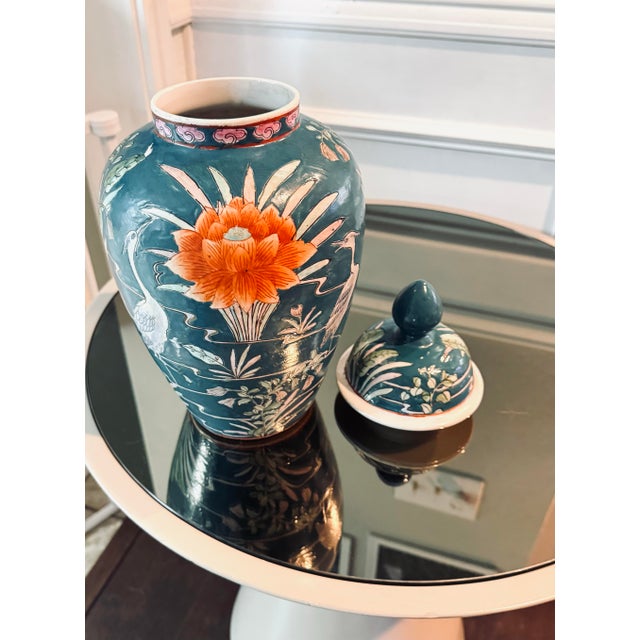 Hand-Painted Mid-Century Chinese Porcelain Vase with Crane and Lotus Motifs Circa 1960-70 14”h x 8” at widest Beautiful...