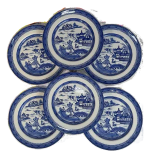 Antique English Blue and White Transferware Luncheon Plates by Ashworth Bros. Of Hanley, Staffordshire - Set of 6