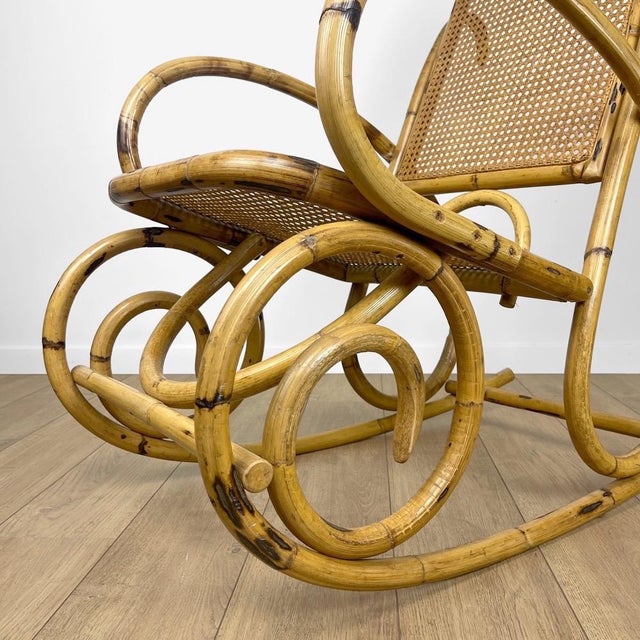 Boho Chic Rattan and Cane Rocking Chair, 1970s For Sale - Image 3 of 10