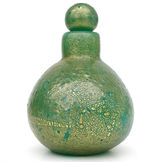 Beautiful and very rare, vintage Murano hand blown green and gold flecks Italian art glass perfume scent bottle....