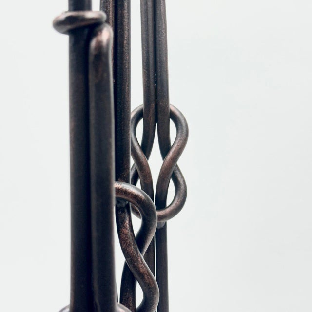 Hand Forged Iron Candelabra Set of 3 (88-108cm) Antique Copper Double Stem with Hercules Knot and Arched Base For Sale - Image 10 of 12