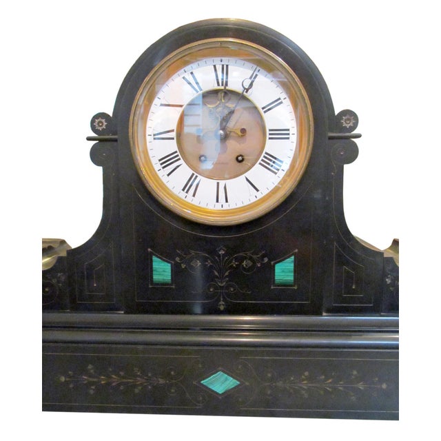 Victorian Antique Victorian Black Slate Malachite Mantel Clock For Sale - Image 3 of 6