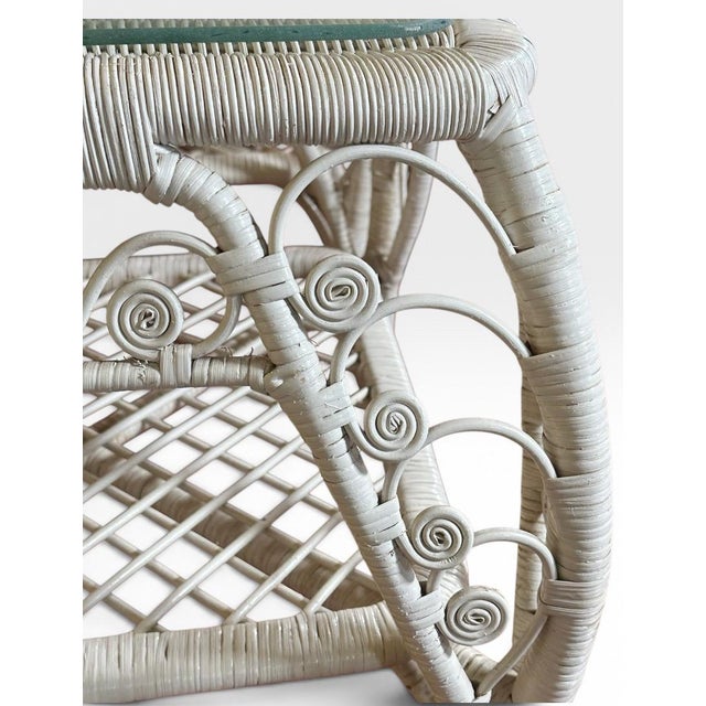 Vintage Boho Chic White Wicker Scrolled Side Tables With Glass Tops - A Pair For Sale - Image 9 of 13