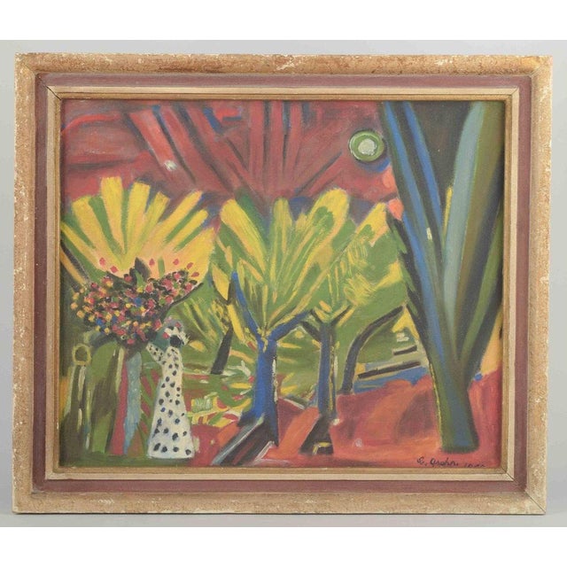 C. Grahn, swedish artist. Abstract composition with trees and figure. Oil on panel. A coloristically expressive painting...