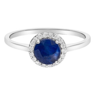 10K White Gold Blue Sapphire and 1/10 Cttw Diamond Halo Ring For Sale
