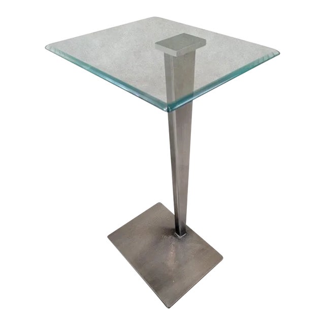 Vintage Modern Glass Top Metal Pedestal Base Pedestal Side Table For Sale