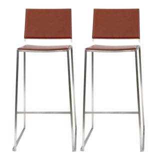 Idealsedia Italian Red Leather & Brushed Stainless Steel Frame Barstools - A Pair For Sale