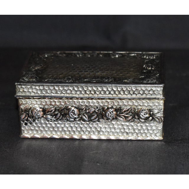 Vintage (1960's) Trinket Box has a Victorian Repoussé Style. Silver Plate with Honeycomb & Floral Details. Wood Interior....