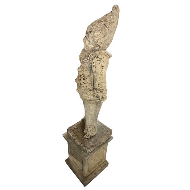 Stone Vintage Cast Stone Pierrot Garden Statue on Pedestal For Sale - Image 7 of 12