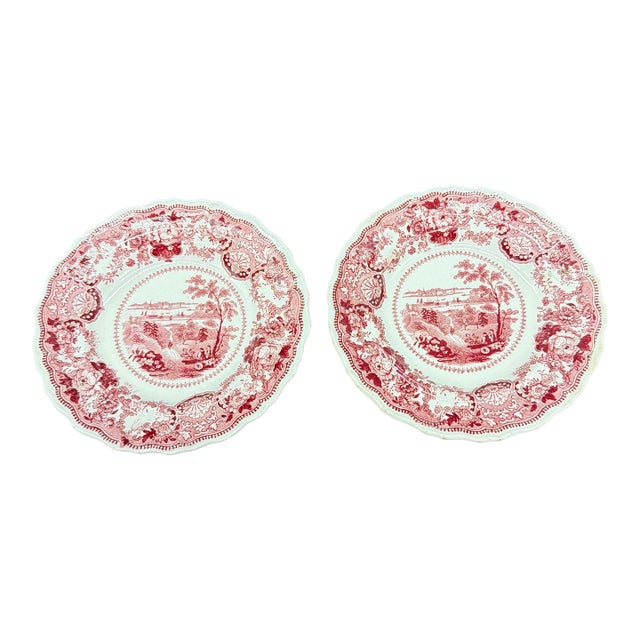 A Rare Pair of Antique Red Transferware Plates, “New York, Us”, Circa 1830’s For Sale
