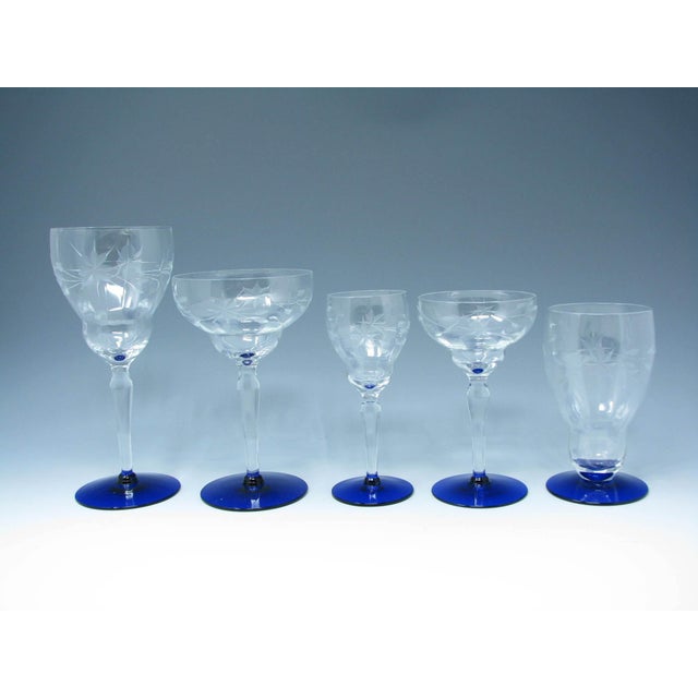 Vintage 1930s Weston Cut Glass Liquor Cocktail Goblets With Floral Design and Cobalt Foot - 7 Pieces For Sale - Image 12 of 13
