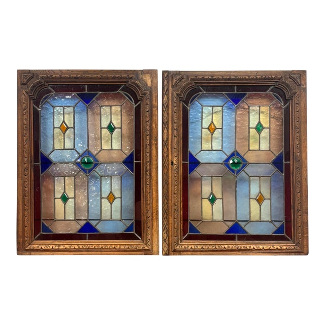 Antique Stained Glass and Wood Panels - A Pair For Sale