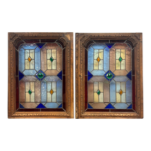 Antique Stained Glass and Wood Panels - A Pair