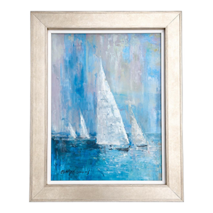 Blue Coastal Sailboat Seascape Original Oil Painting – Framed, by Matt Thomas