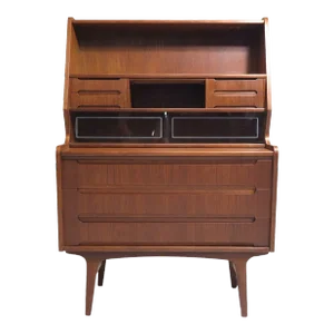 Mid 20th Century Danish Teak Secretary Desk With Hidden Vanity Mirror
