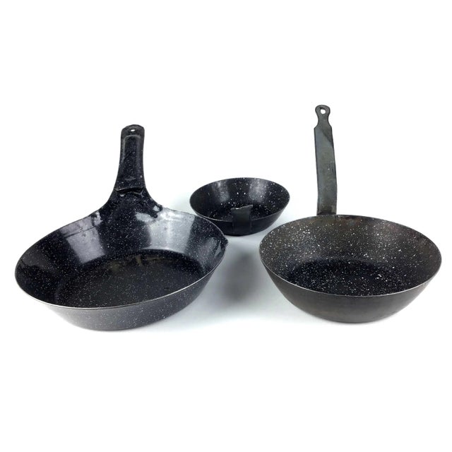 Vintage Set of 3 Black Enamel Coated Metal Pans For Sale - Image 4 of 11