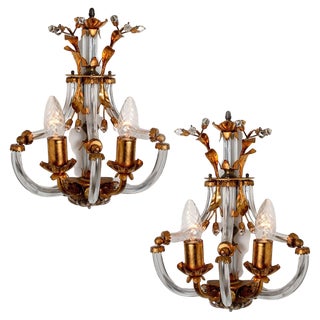 Crystal Glass & Gilt Brass Wall Lights attributed to Palwa, 1960s, Set of 2 For Sale