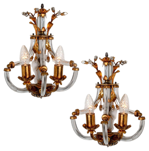 Crystal Glass & Gilt Brass Wall Lights attributed to Palwa, 1960s, Set of 2