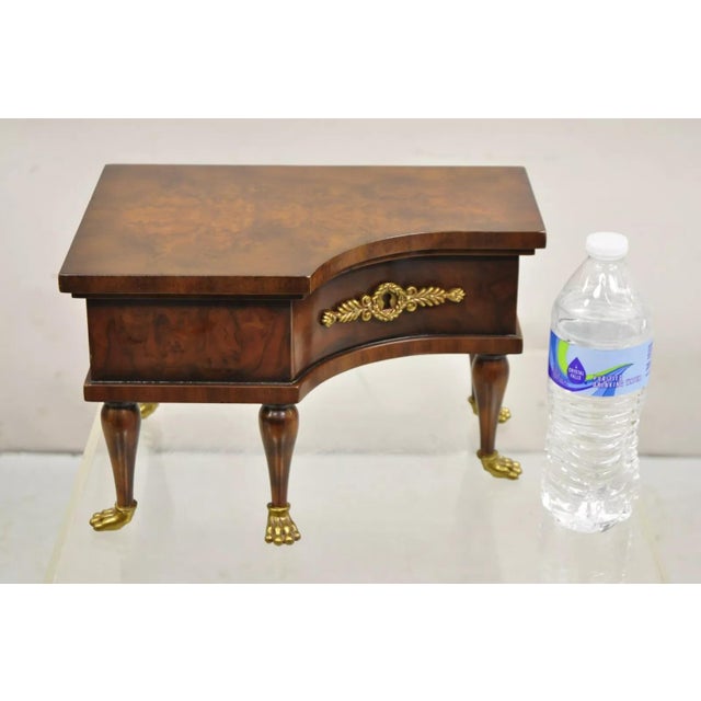 Maitland Smith Style Jewelry Box Burl Walnut Baby Grand Piano Form with Brass Paw Feet. Circa 21st Century. Measurements:...