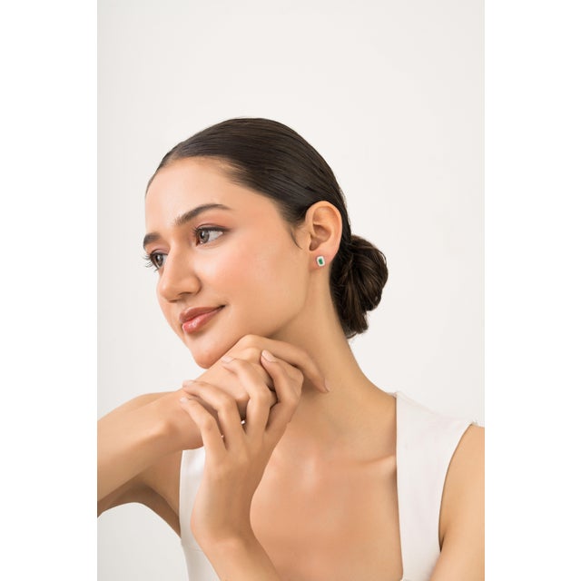 Metal Estate Natural Octagon Emerald & Diamond Halo Earrings in 14k White Gold- 2 Pieces For Sale - Image 7 of 13