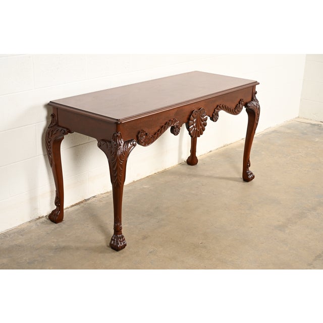 1980s Baker Furniture Georgian Carved Mahogany Console or Sofa Table, Newly Refinished For Sale - Image 5 of 16