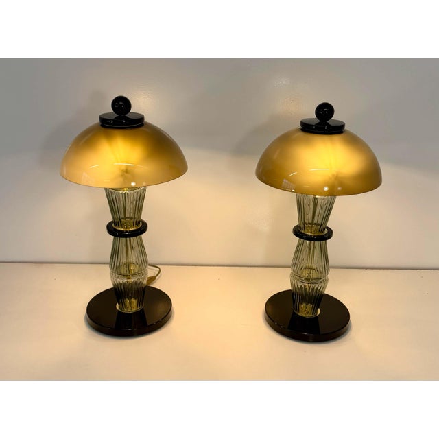 Murano Glass Table Lamps in Smoked Grey and Black Glass and Brass, 2000s, Set of 2 For Sale - Image 3 of 16