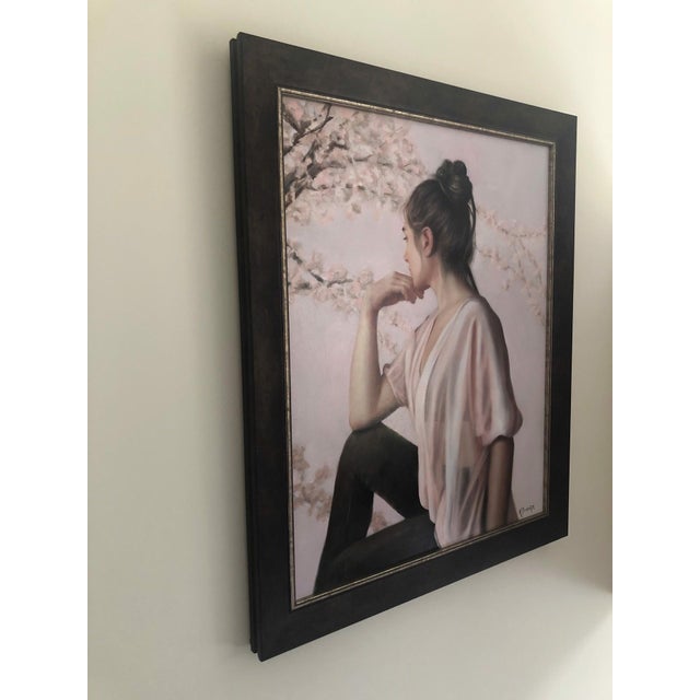Contemporary Lost in Thought by Kelly Birkenruth | Oil on Panel Portrait of a woman in contemplation with cherry blossoms. For Sale - Image 3 of 3