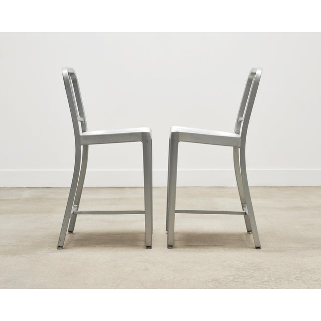 Metal Pair of Emeco 'Navy' Bar Counter Stools in Brushed Aluminum For Sale - Image 7 of 17