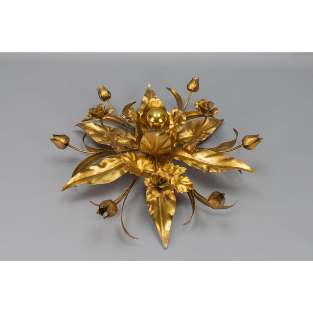 Hollywood Regency Gilt Metal Flower Shaped Flush Mount, 1970s For Sale - Image 6 of 16