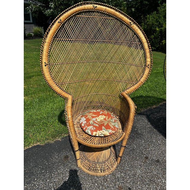 This Pair of Vintage 1970s Boho Wicker and Rattan Peacock Chairs Features High, Dramatic Fan Backs and Hourglass Pedestal Bases. For Sale - Image 4 of 12