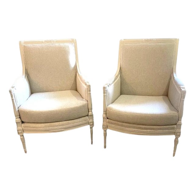 1940s Directoire Style Louis XVI Bergere Armchairs in Natural Linen - A Pair For Sale