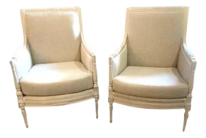 1940s Directoire Style Louis XVI Bergere Armchairs in Natural Linen - A Pair